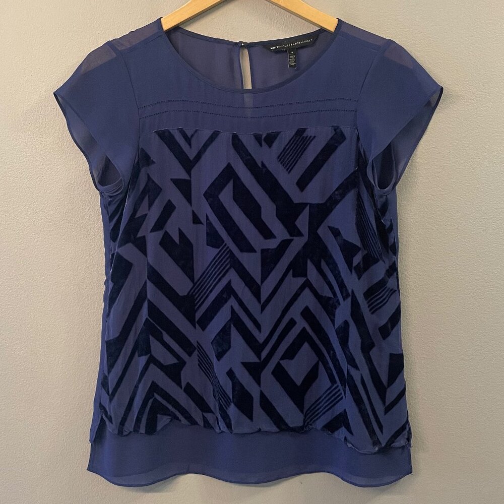 White House Black Market blue velvety geometric pattern top